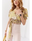 Bluza scurta plic floral cu curea, bej si galben 02041 - Magazin online - Boutique